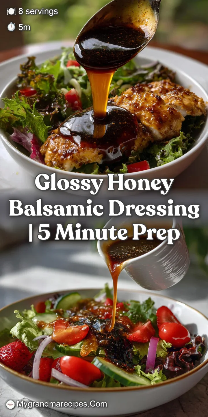 Close-up of a honey-balsamic dressing glistening on leafy greens and ripe tomatoes. The colors are rich and inviting; text...