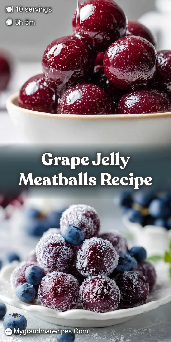 Close-up of savory grape jelly meatballs with a glistening, sweet sauce, highlighting the tender texture and rich color.