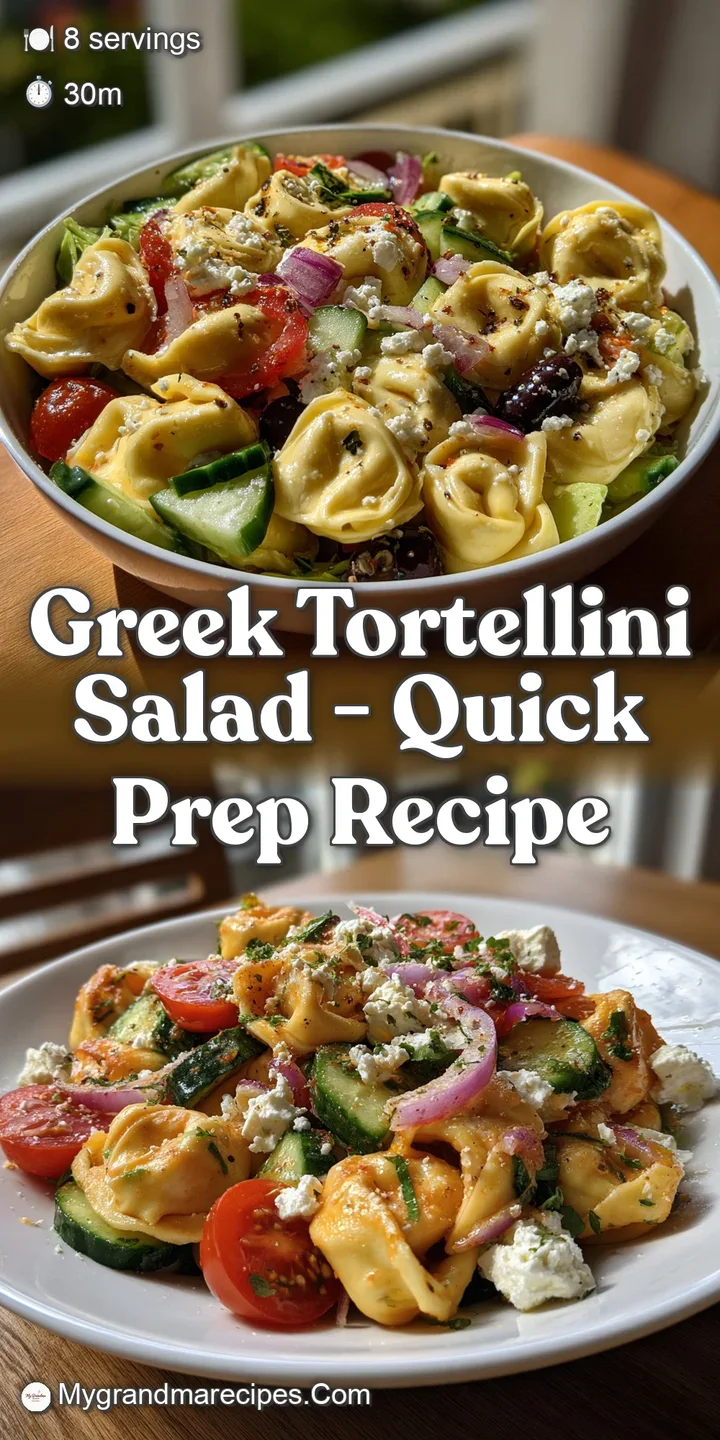 Close-up view of a forkful of tortellini salad; pasta, olives, and feta cheese glistening, promising a refreshing, zesty f...