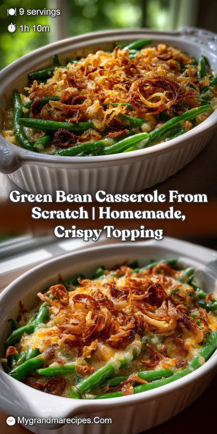 Close-up shot of the casserole, highlighting the velvety mushroom sauce clinging to the green beans and the golden, crunch...