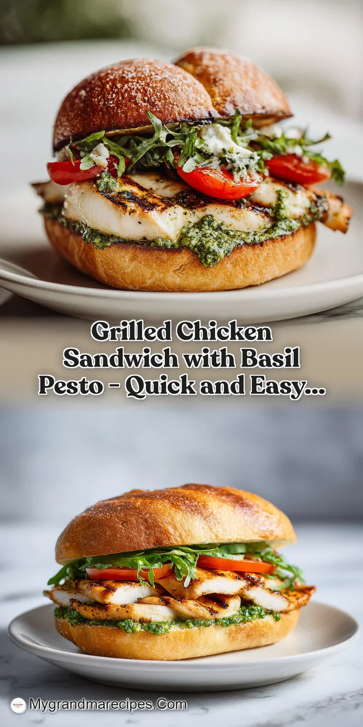 Close-up of a hearty grilled chicken sandwich, showcasing charred grill marks, a swirl of bright green pesto, and tender c...