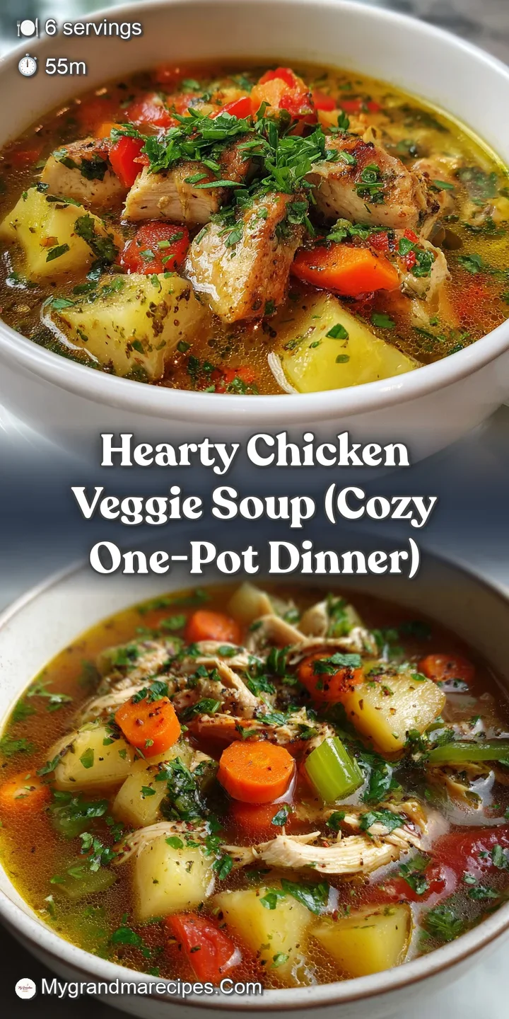 Close-up of hearty chicken veggie soup; glistening broth, tender chicken, and colorful garden vegetables entice.