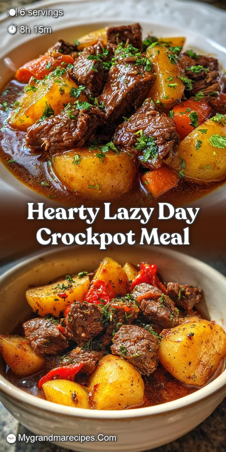 Close-up of hearty beef and potatoes, fork tender and coated in a flavorful, dark brown gravy, steaming and inviting.