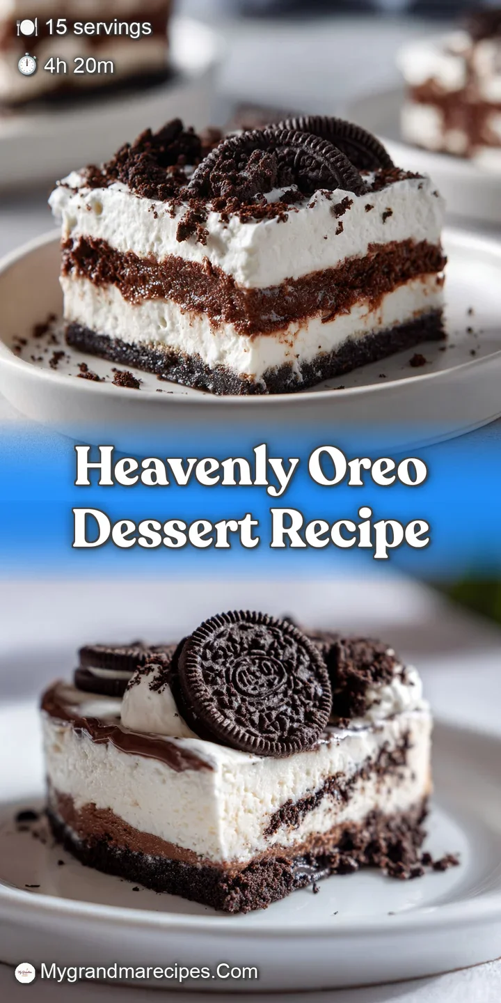 Close-up view of a creamy, decadent Oreo dessert showing the distinct layers of cookies and smooth, white filling.