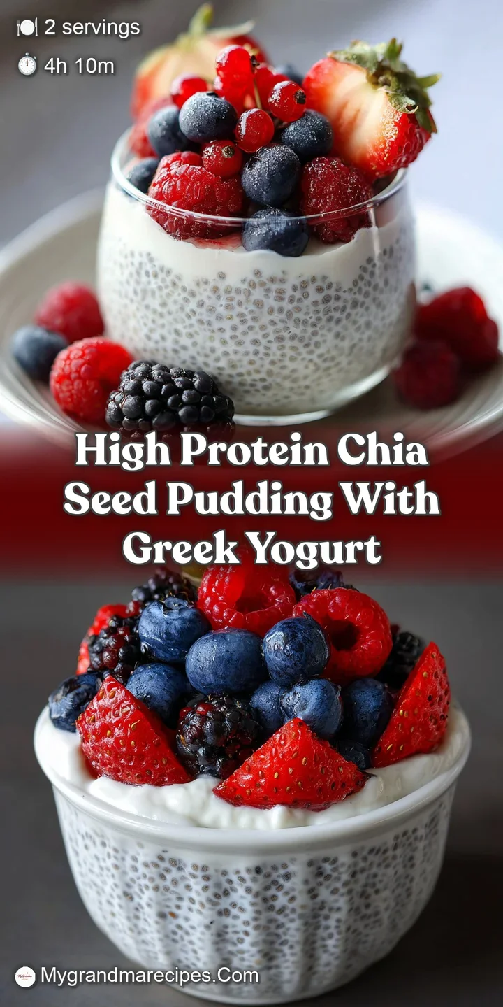 Close-up of chia seeds suspended in creamy pudding, studded with plump blueberries and raspberries. Swirls of Greek yogurt...