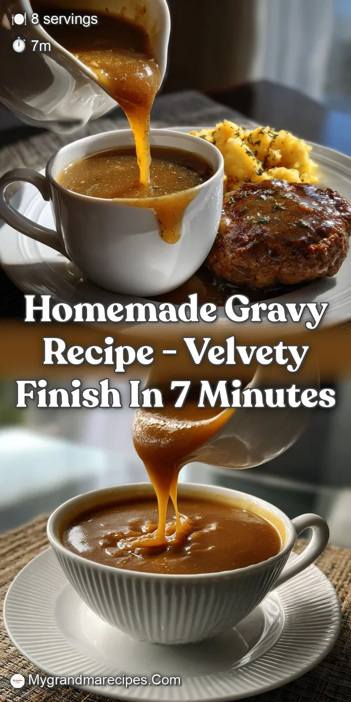 Close-up view of velvety, smooth gravy with visible flecks of herbs and a deep, savory color. Hints of steam rising sugges...