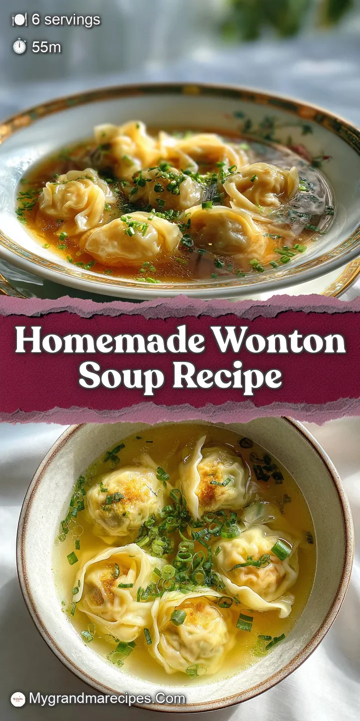 Close-up of glistening wontons swimming in rich broth, a vibrant green scallion adding a pop of color and fresh aroma.