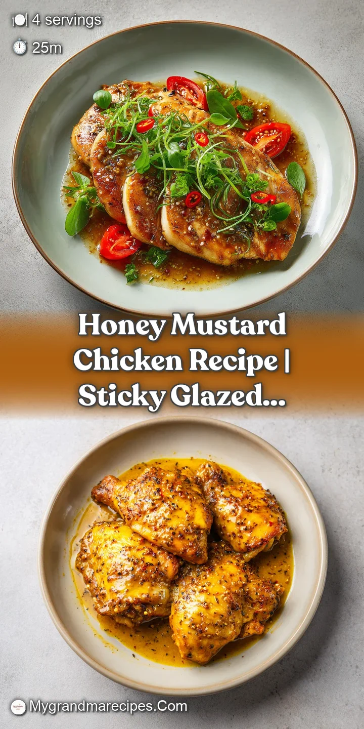 Close-up reveals the texture of the sticky, caramelized honey mustard glaze on tender chicken. A few herbs are visible for...