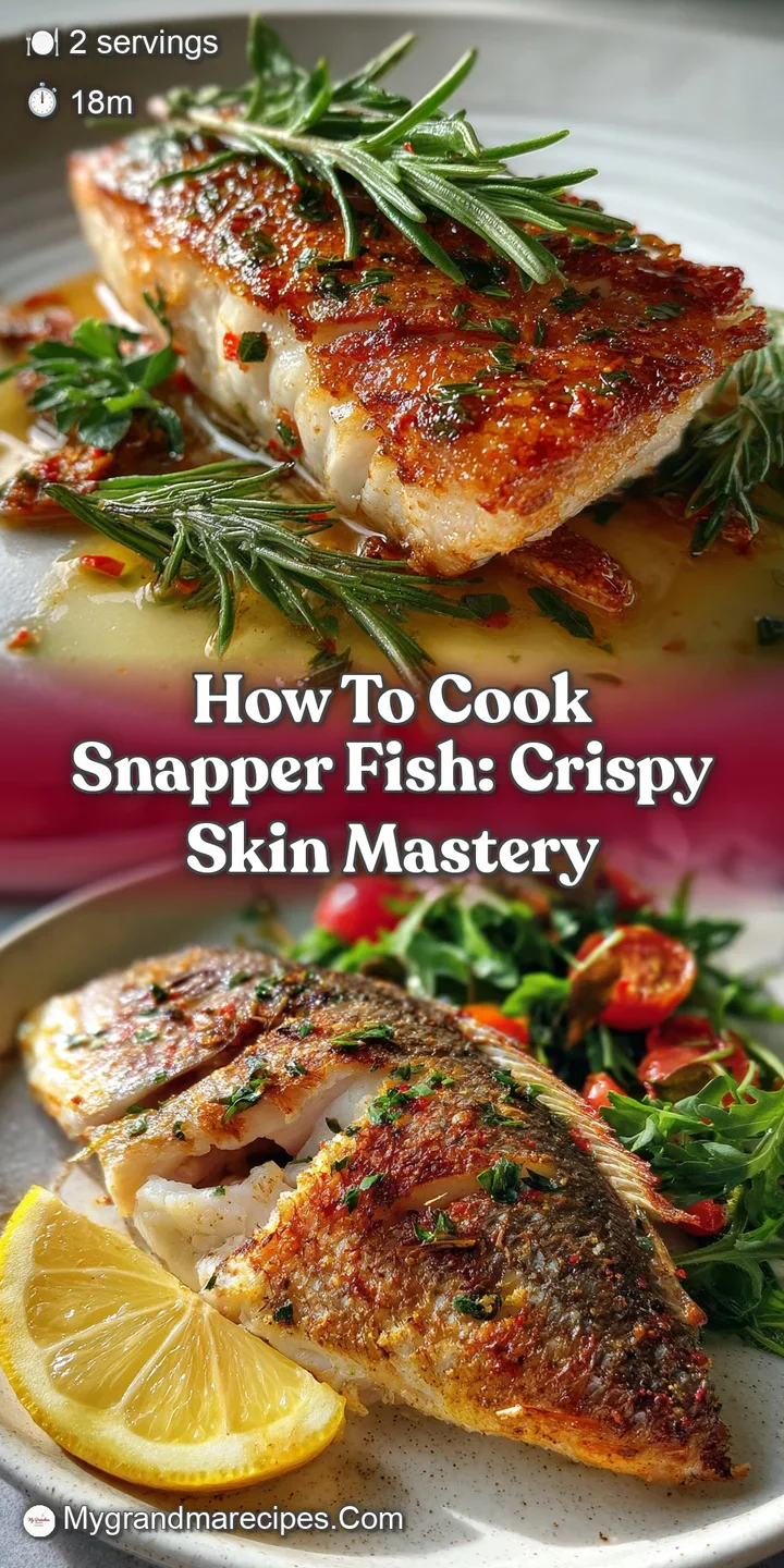 Close-up of perfectly seared snapper skin, bubbly and golden brown, highlighting the moist, flaky white flesh beneath.