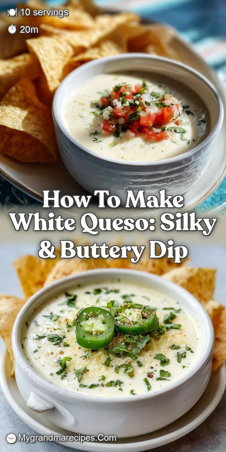 Rich and smooth white queso dip, glistening with melted cheese, inviting you to scoop up some with a crispy tortilla chip.