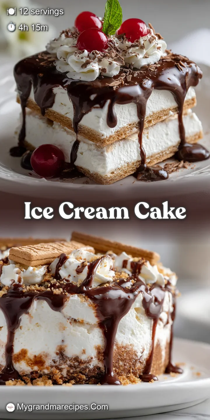 Close-up of ice cream cake: ripples of chocolate sauce gloss over the creamy dessert, hints of vanilla and chocolate from ...