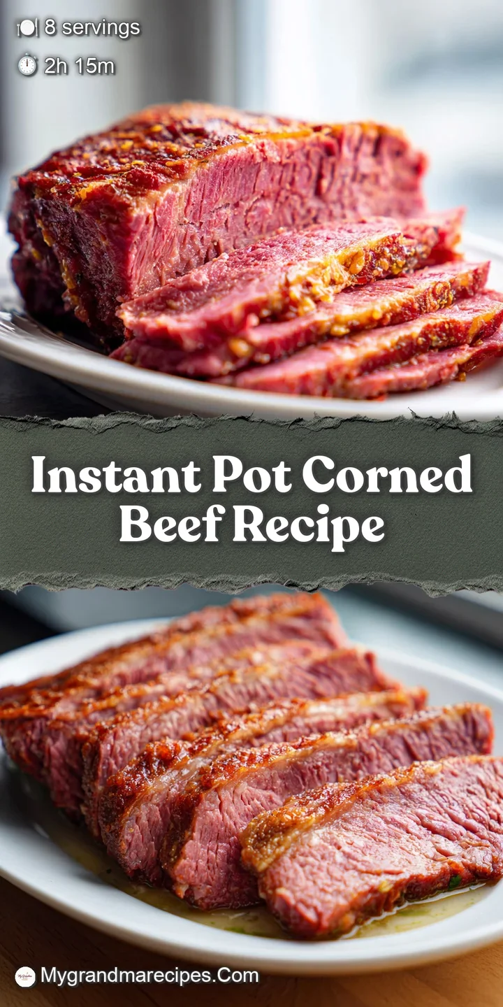 Close-up of glistening, fork-tender corned beef. Hints of pepper and herbs visible. A comforting, savory feast ready to be...