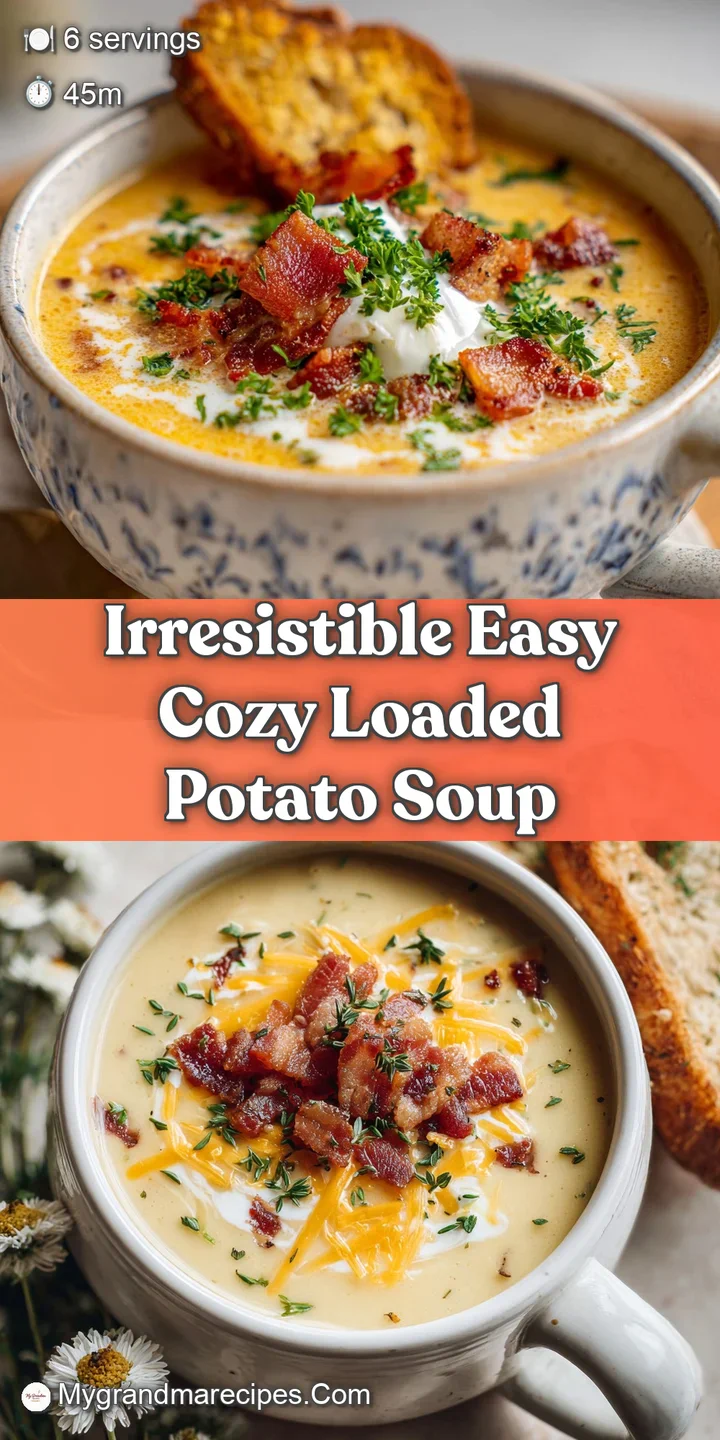 Close-up shot of thick potato soup, showcasing melted cheddar cheese, crumbled bacon, and fresh chives. Steamy and appetiz...