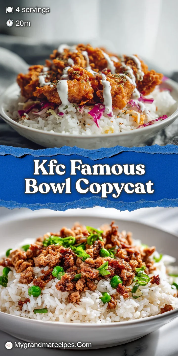 Close-up of creamy mashed potatoes, juicy corn, crispy chicken, savory gravy, and shredded cheese in a KFC Famous Bowl.