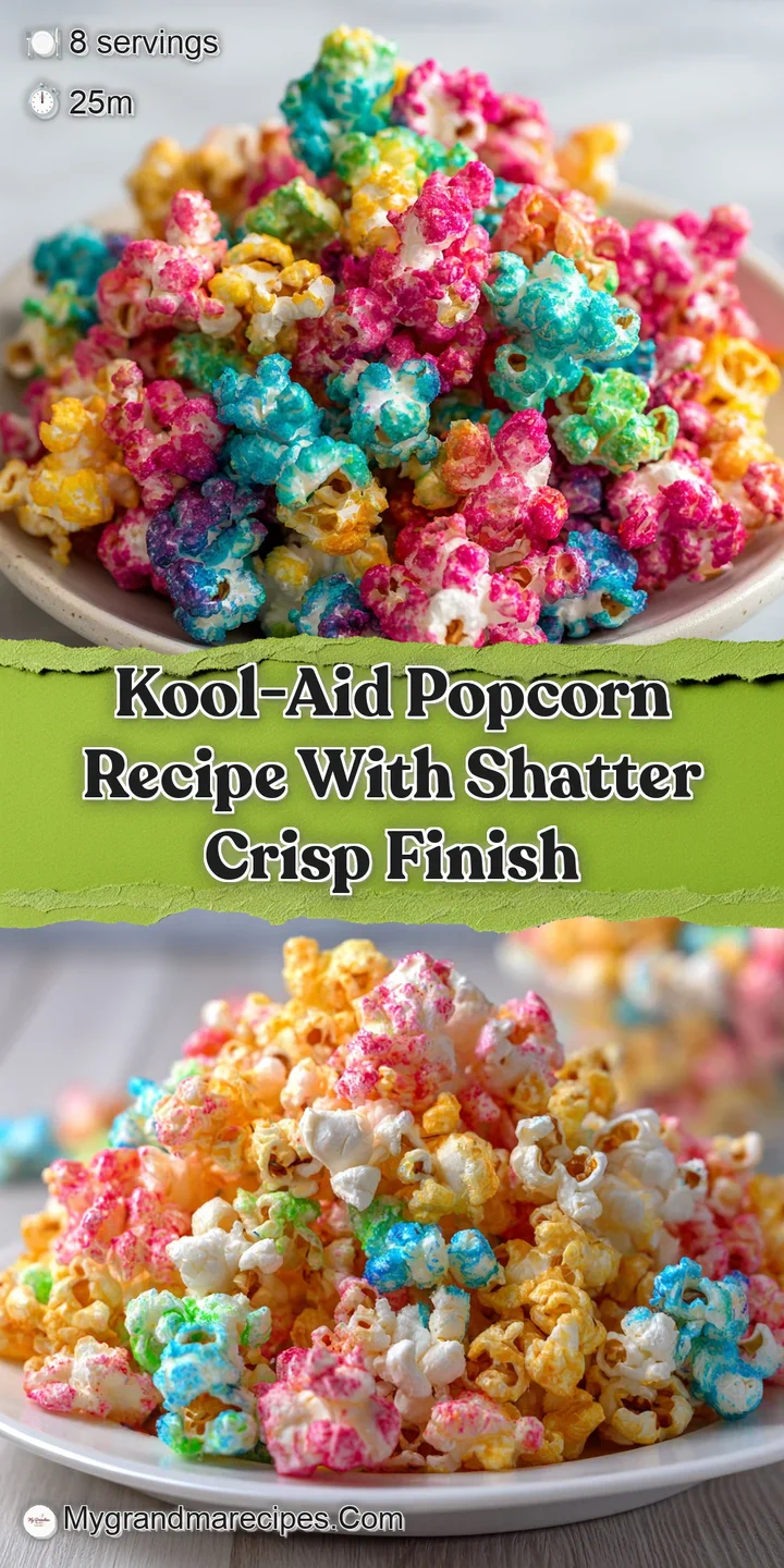 Close-up of vibrant, candy-coated popcorn. The sugary sheen catches the light, highlighting the crunchy, shatter-crisp tex...