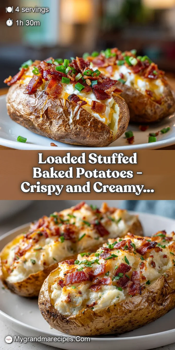 Close-up of a golden-brown baked potato, its steamy interior revealing gooey melted cheese and savory toppings.