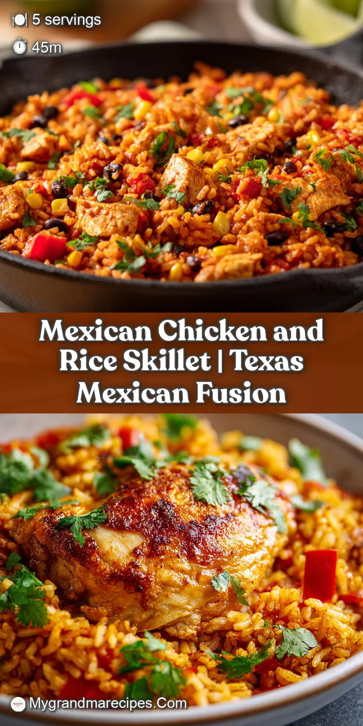 Appetizing close-up of the chicken and rice skillet; steam rises from the vibrant blend of textures and colors, promising ...