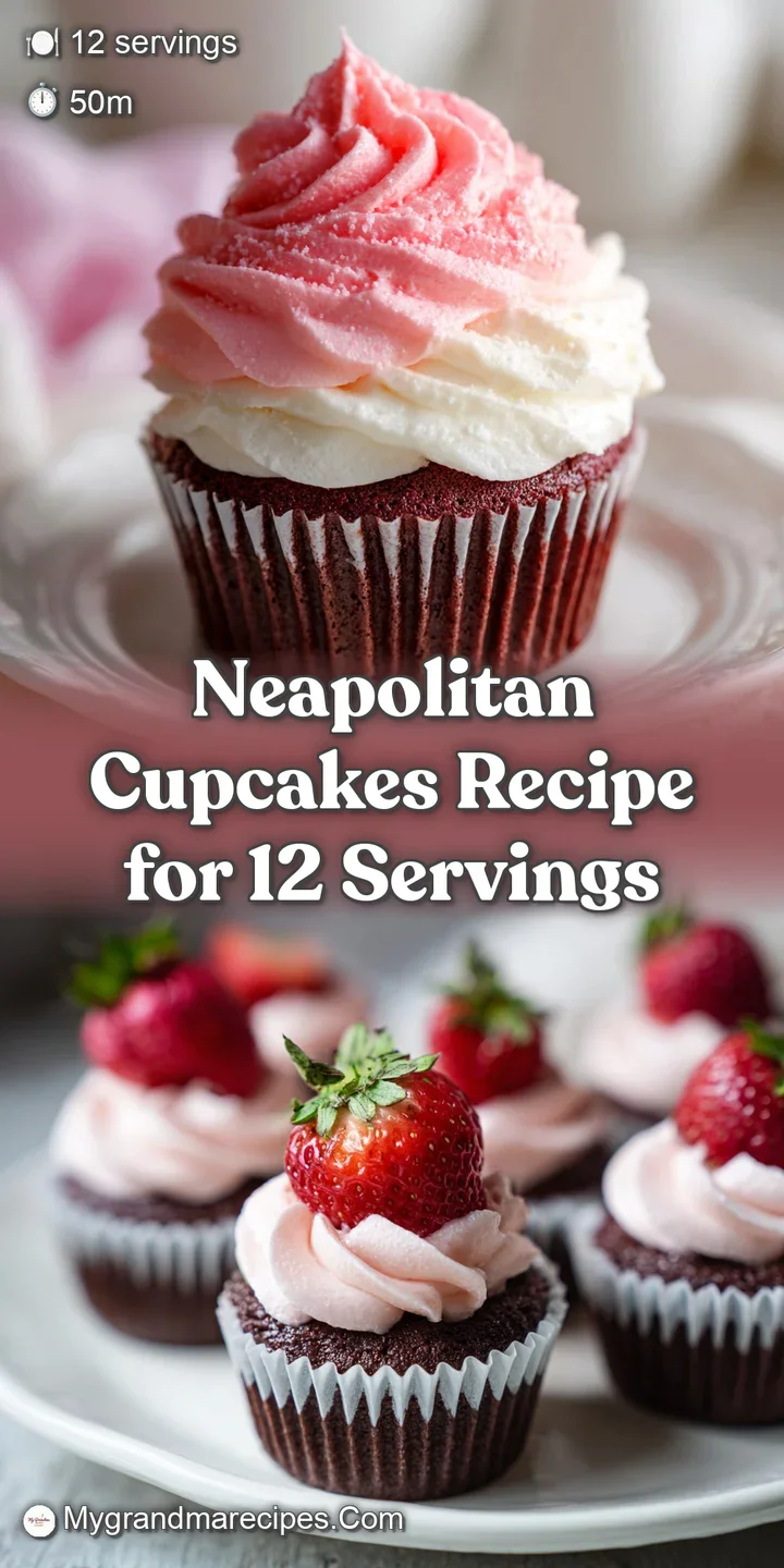 Close-up of a Neapolitan cupcake with a soft, textured frosting swirl, showcasing the tri-color blend and delicate sprinkles.