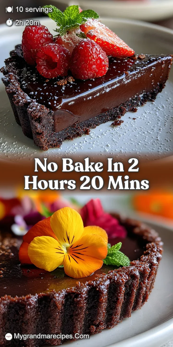 Close-up of glossy, dark chocolate dessert with a dusting of cocoa. The texture is smooth and velvety, contrasted with a c...