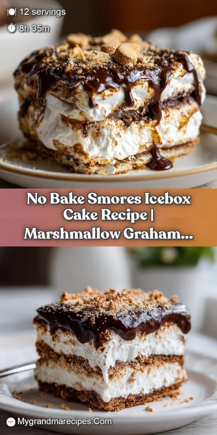 Close-up of smore's icebox cake showing gooey melted chocolate, toasted marshmallows, and layers of graham crackers.