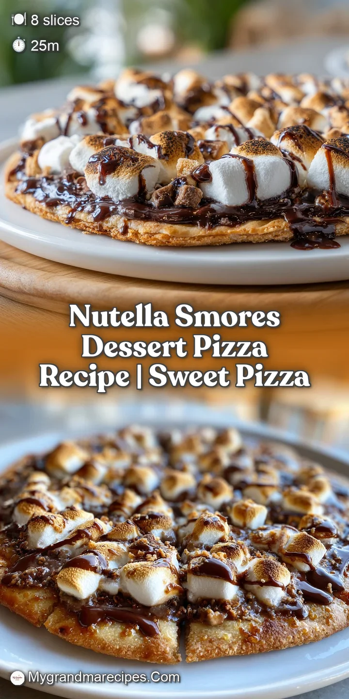 Close-up of a Nutella dessert pizza; toasted marshmallows with gooey chocolate hazelnut spread and crunchy graham cracker ...