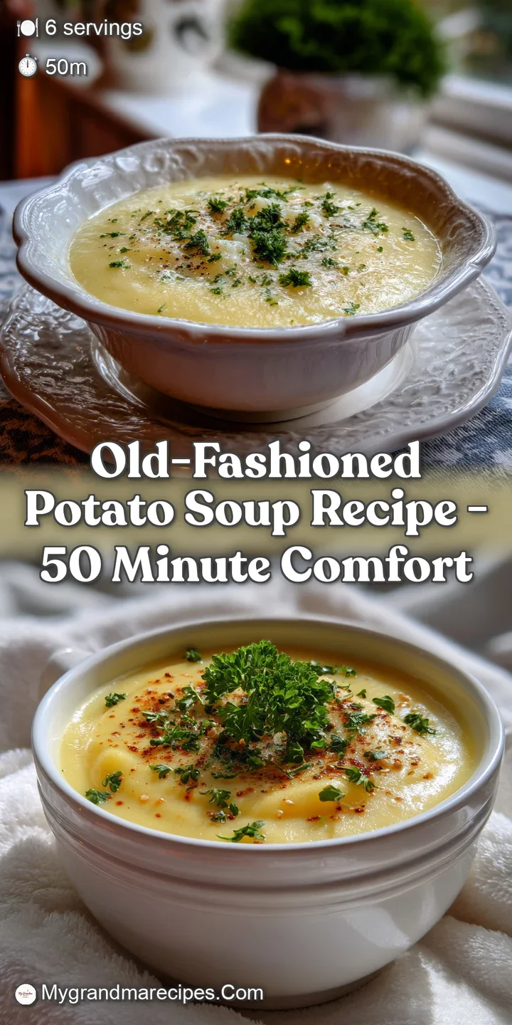 A close-up of steaming potato soup with a creamy texture. Hints of yellow and white with fresh herbs offer an inviting and...