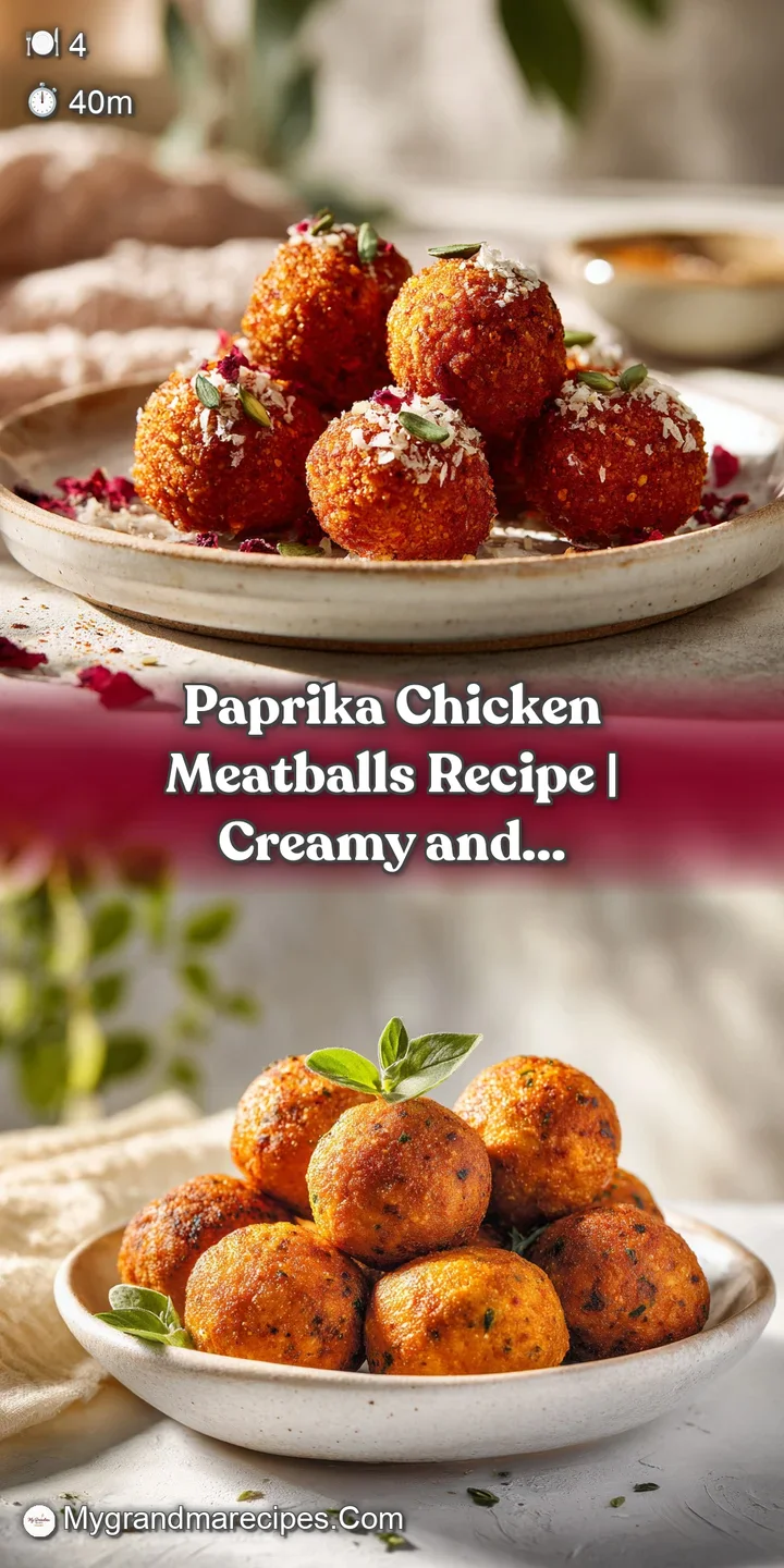 Close-up of a paprika chicken meatball: Deep red hue with flecks of spices, hints of browned edges and rich, inviting text...