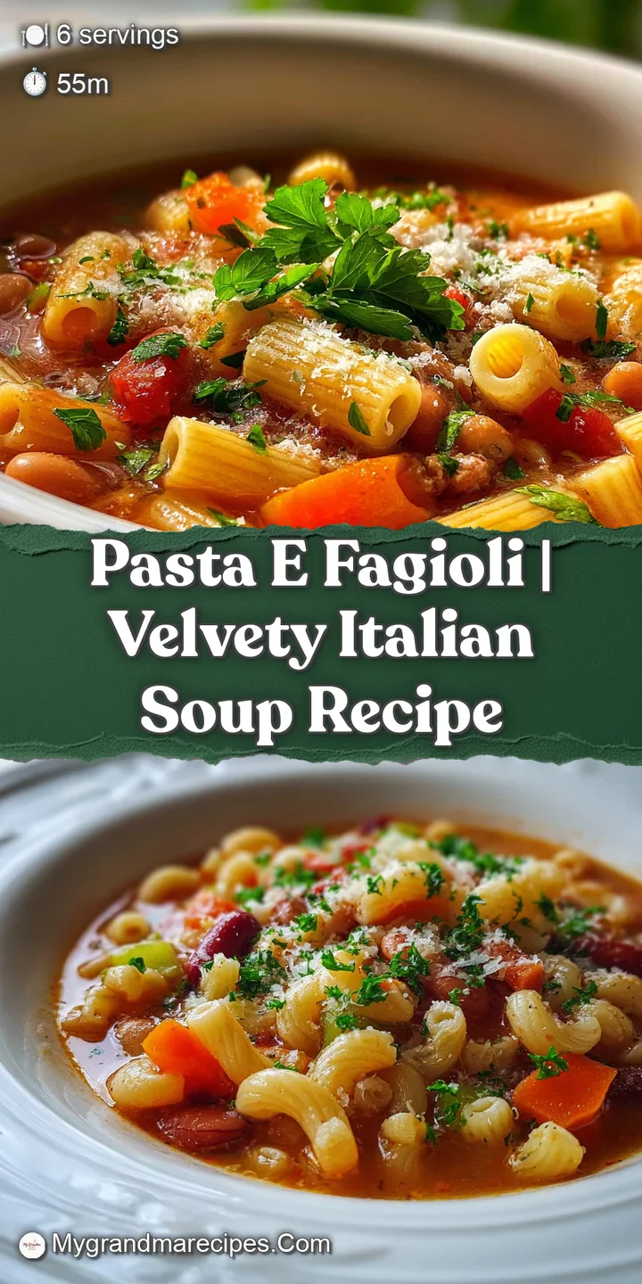 Close-up of al dente pasta and plump beans in a thick, savory tomato broth. Hints of green herbs add freshness and visual ...