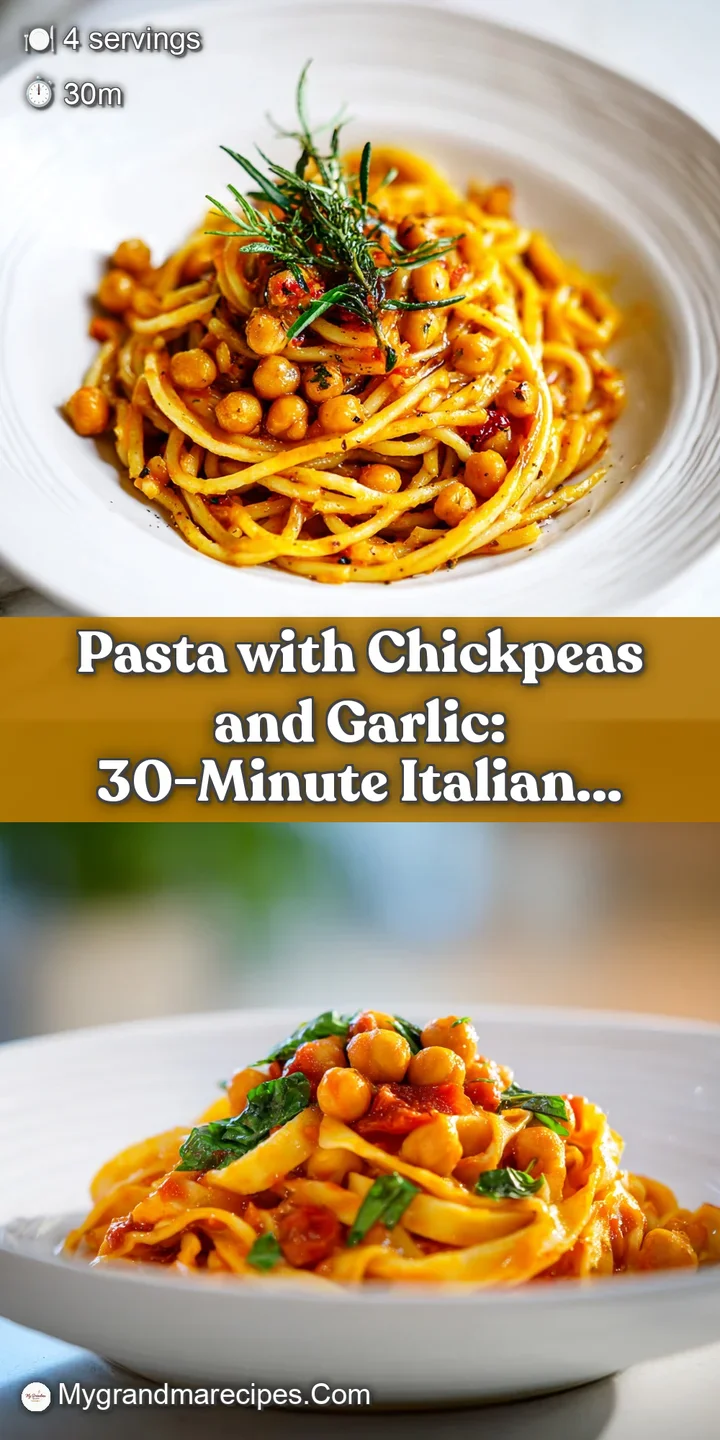 Close-up of glossy pasta strands coated in a rich, slightly chunky sauce with soft chickpeas and bright flecks of herbs.