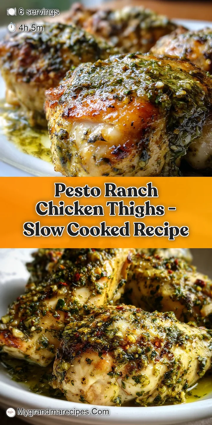 Close-up: Moist, slow-cooked chicken thigh smothered in a rich, herby pesto ranch sauce, invitingly glistening in the light.