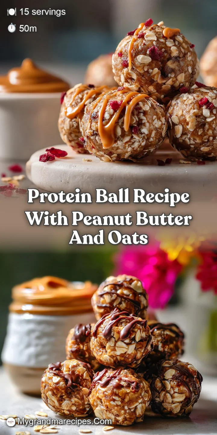 Close-up of a peanut butter oat protein ball, showcasing its coarse texture and rich, deep color. Hints of chocolate chips...