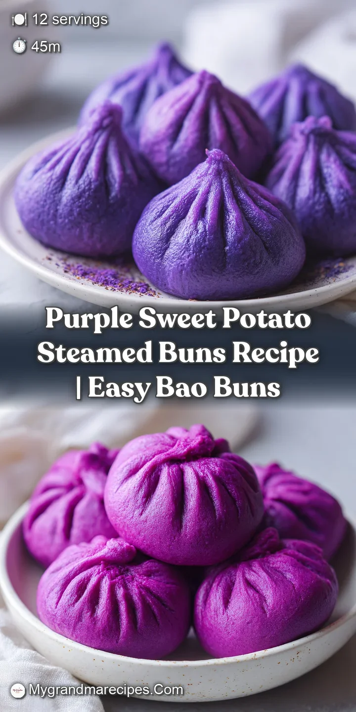 Close-up of a vibrant purple steamed bun; its pillowy surface dusted with flour, inviting a soft, warm bite.