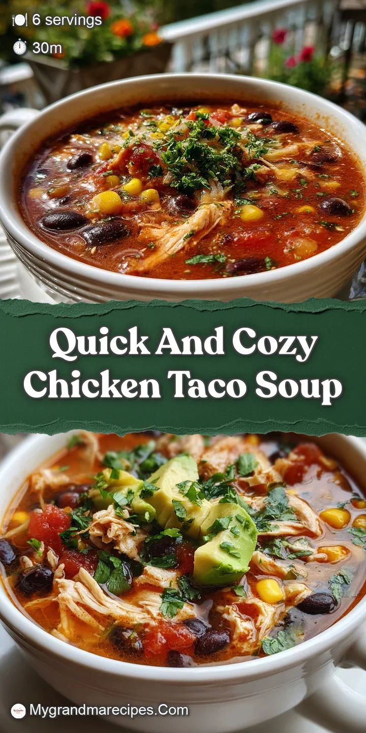 Close-up of simmering chicken taco soup with tender chicken, plump beans, and diced tomatoes in a rich, flavorful, and sli...