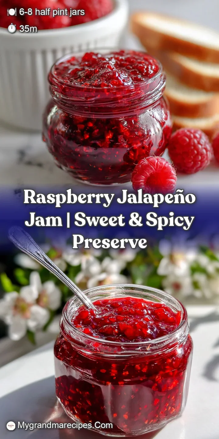 Close-up of glistening, jewel-toned raspberry jalape&ntilde;o jam; a delicious sweet & spicy mix with visible texture and pepper ...