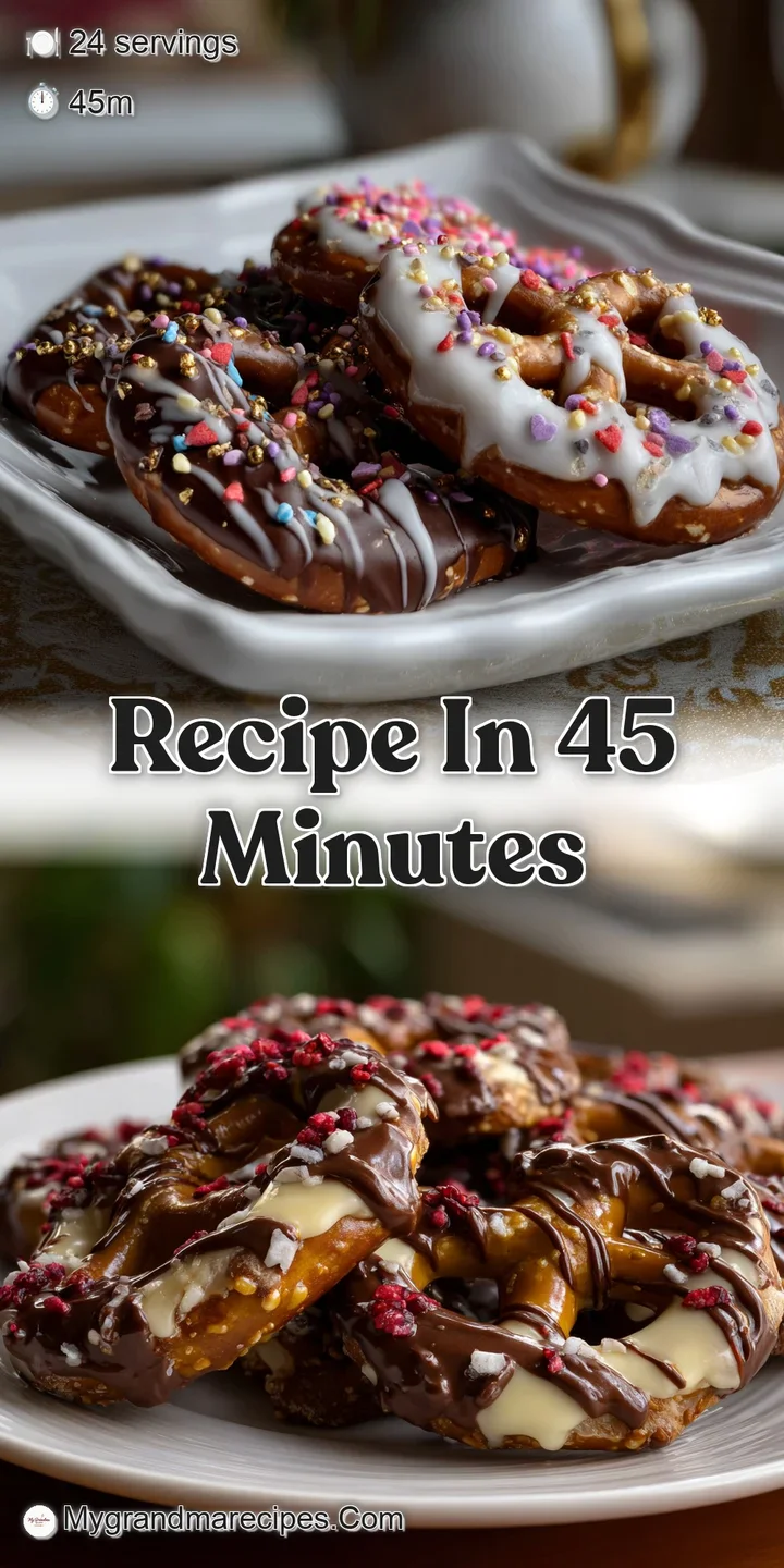 Close-up of a dark chocolate-covered pretzel, vibrant heart sprinkles, & a delicate white chocolate drizzle. Sweet, salty,...