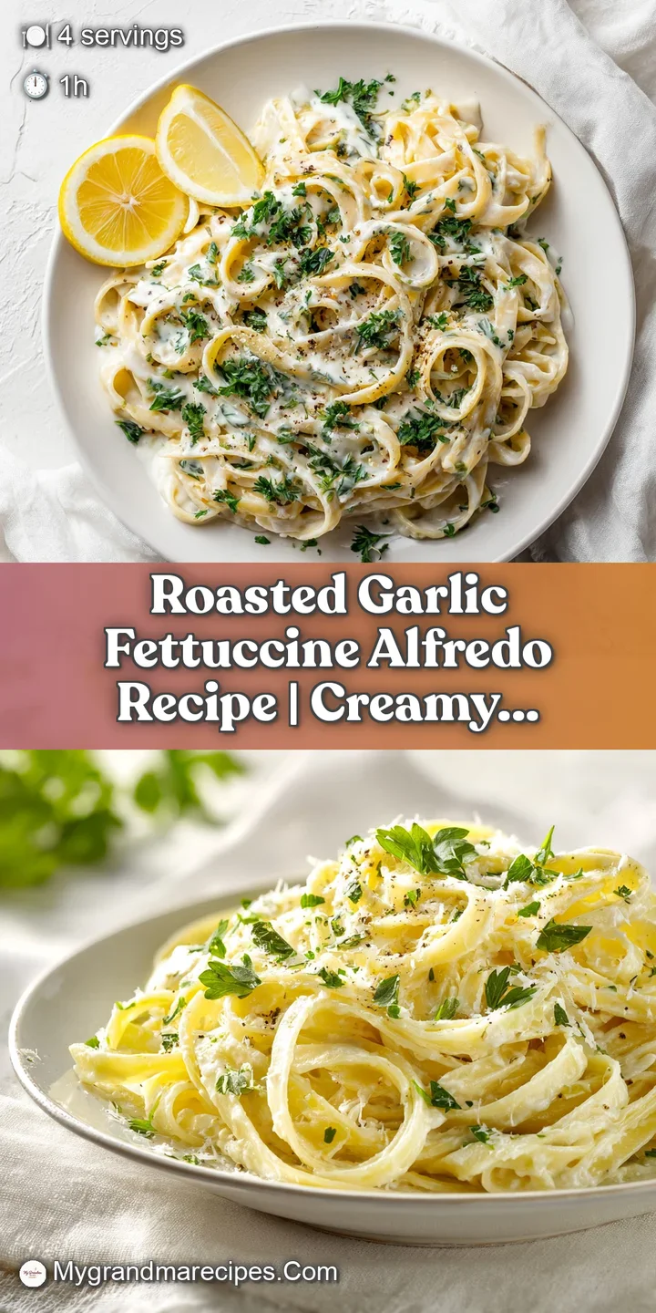 Close-up of glossy fettuccine noodles coated in creamy Alfredo sauce, dotted with soft, caramelized roasted garlic cloves.