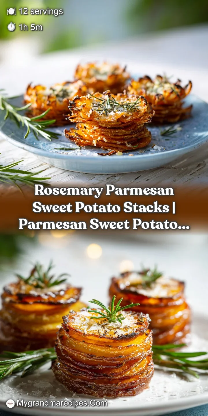 Close-up reveals creamy, orange sweet potato layers with a crispy, browned parmesan-rosemary crust, warm & comforting.