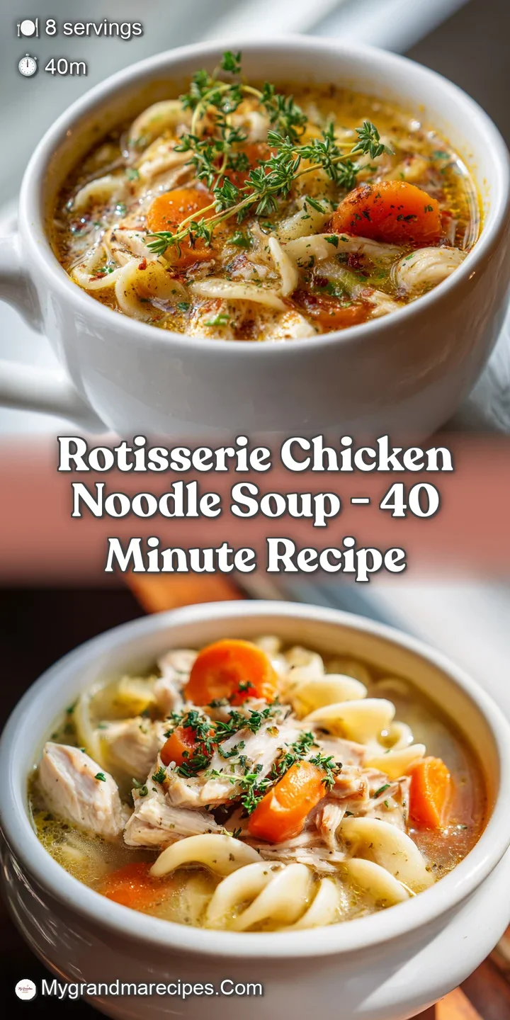 Close-up view of creamy chicken noodle soup. Soft egg noodles and bits of chicken are nestled in a rich golden broth.