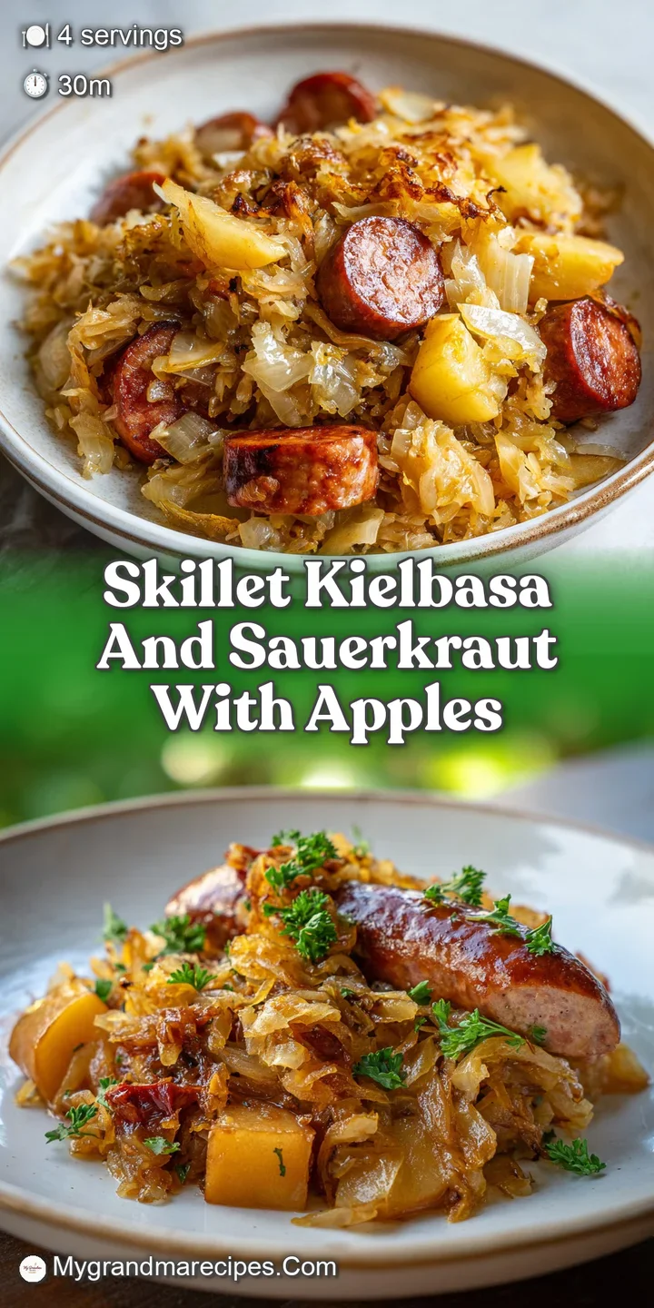 Close-up of juicy, browned kielbasa slices nestled in steaming, slightly caramelized sauerkraut, with visible spice and he...
