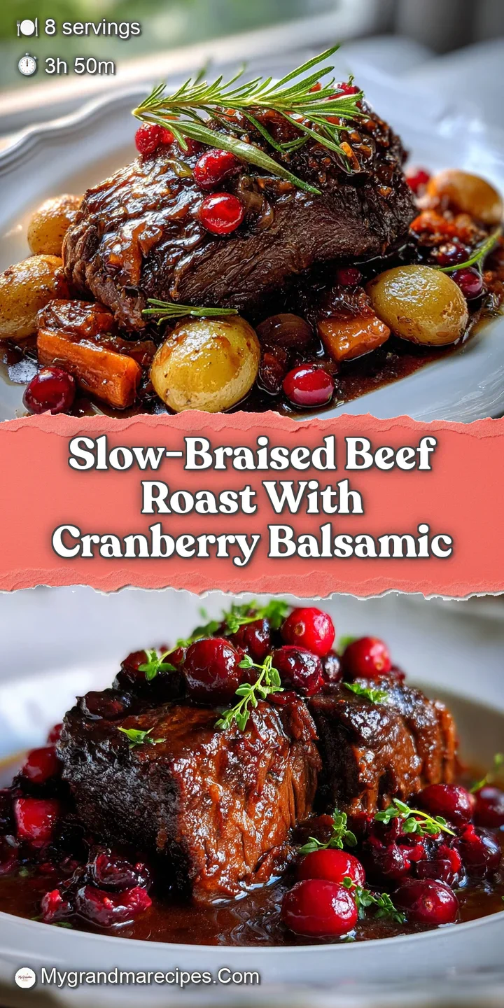 Close-up showcases the fork-tender, juicy texture of slow-braised beef roast, glistening with a sweet and tart cranberry b...