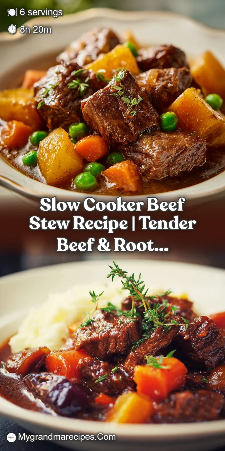Close-up shows tender, shredded beef, carrots, and potatoes simmering in a deep red wine gravy. Steam rises to meet the ca...