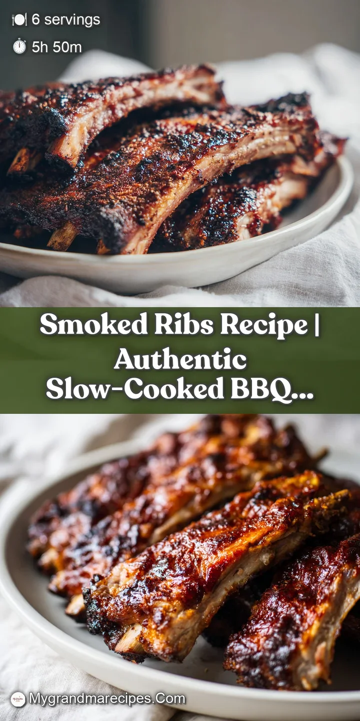 A close-up view of succulent, slow-cooked ribs with a beautifully charred, smoky exterior, revealing tender meat.