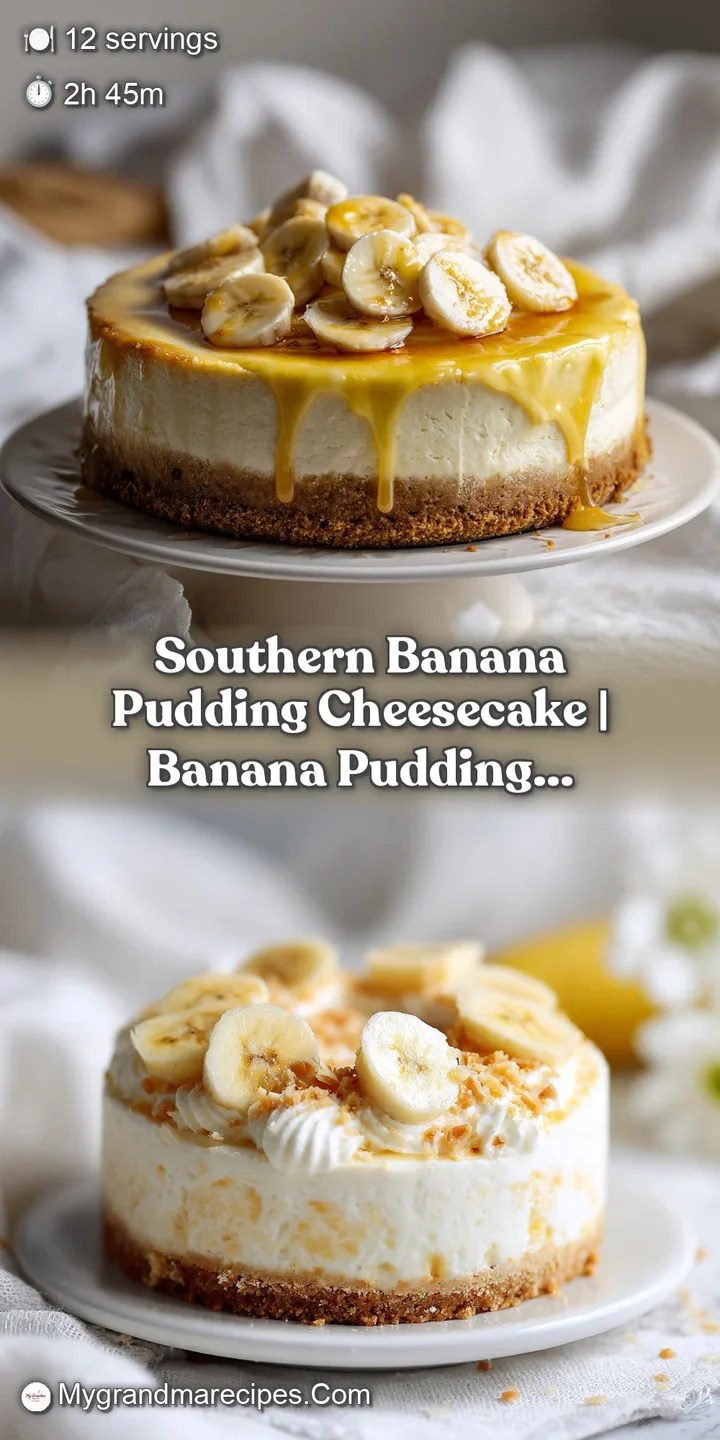 Rich, creamy banana pudding topping glistening over a golden-brown cheesecake crust with soft banana pieces.