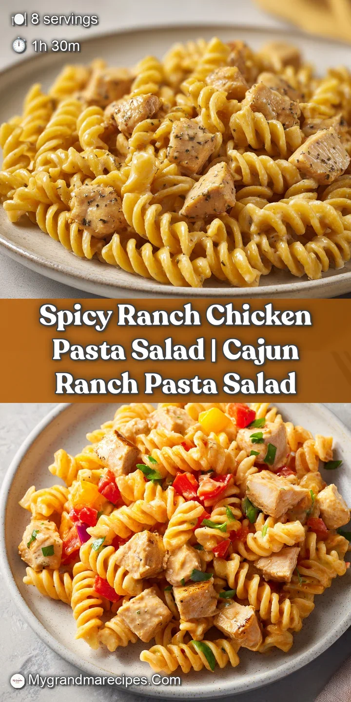 Close-up of creamy pasta spirals coated in a rich white sauce with tender chicken and vibrant red pepper accents.