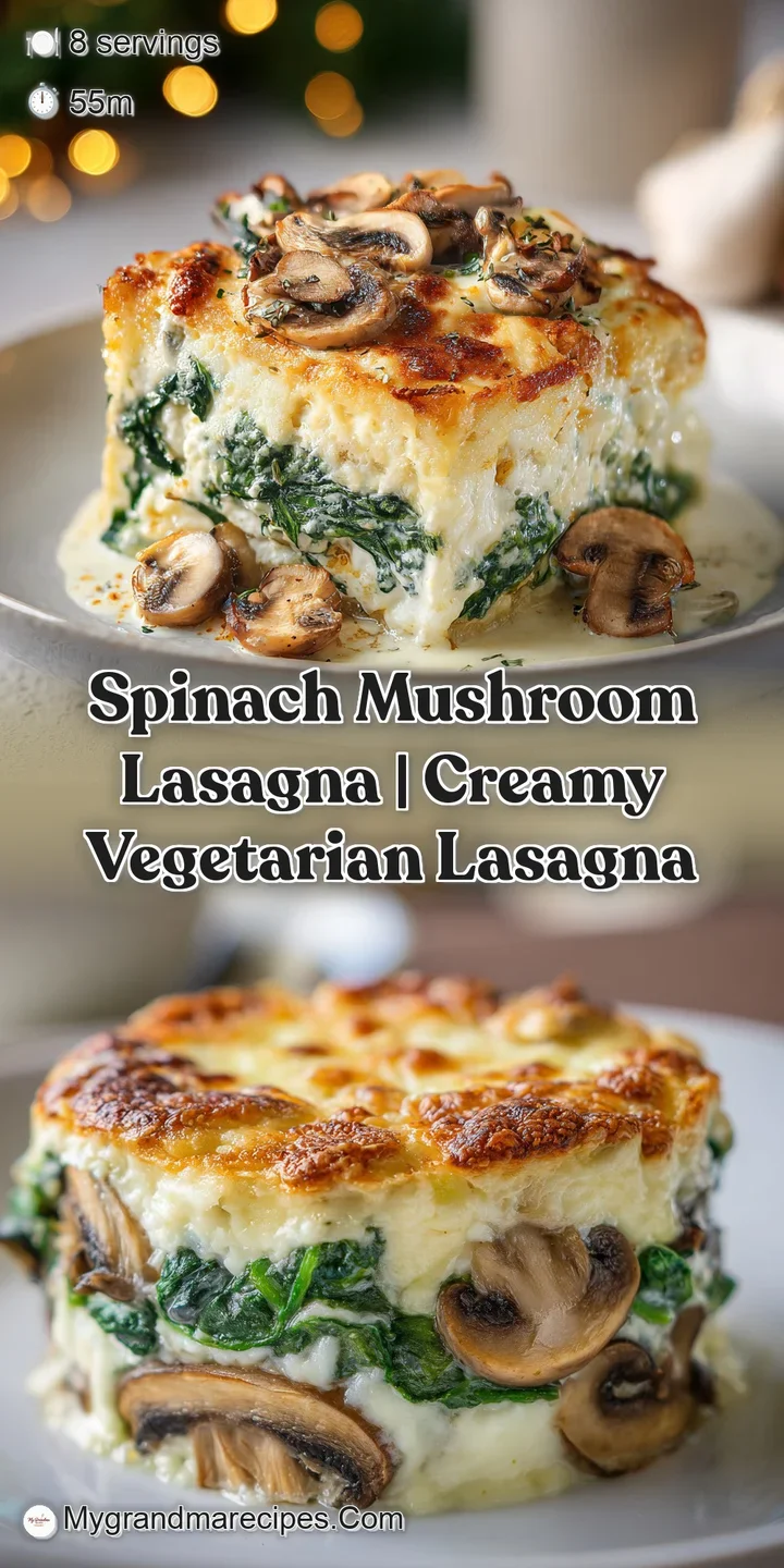 Close-up of gooey melted mozzarella stretching over rich layers of creamy spinach and saut&eacute;ed brown mushrooms.
