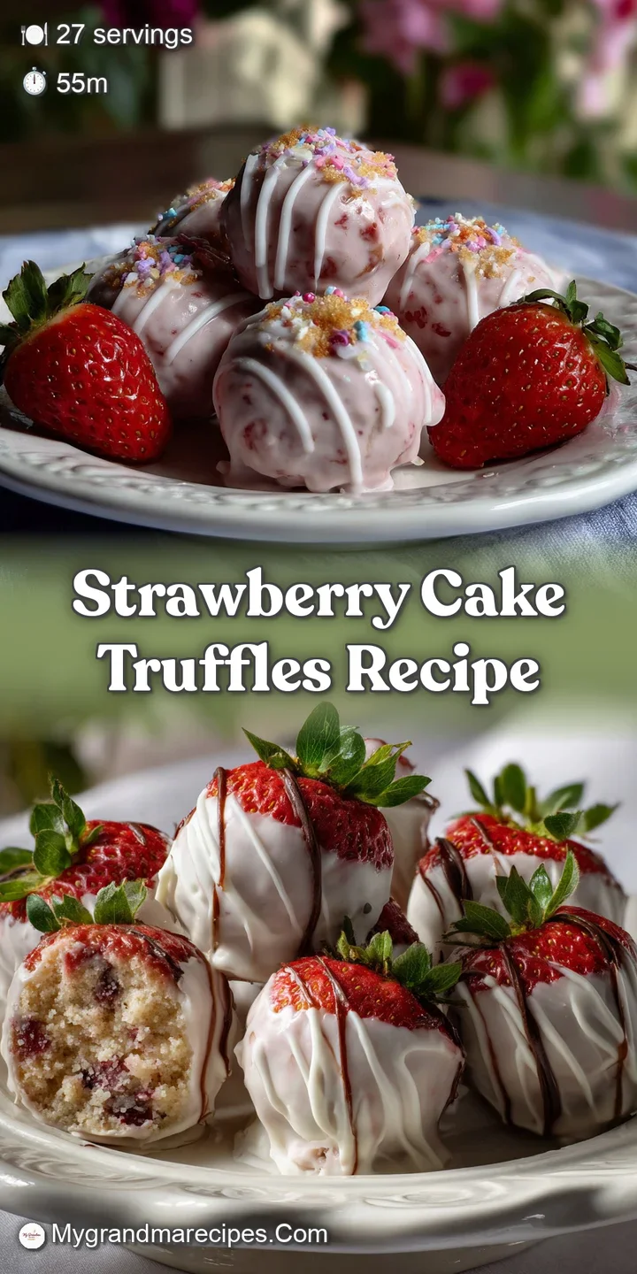 Close-up of soft, pink strawberry cake truffle with white chocolate drizzle, hinting at a sweet, fruity flavor.