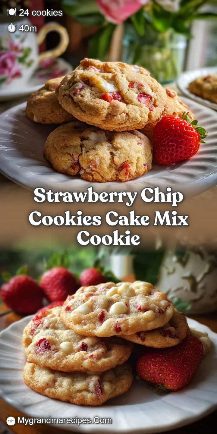 Close-up of a soft, pink strawberry cookie studded with melted chocolate chips, highlighting the slightly cracked, chewy s...