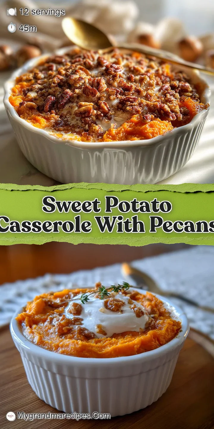 Close-up: Warm, gooey marshmallows and crunchy pecans atop a vibrant orange sweet potato casserole. Sugary, inviting and p...