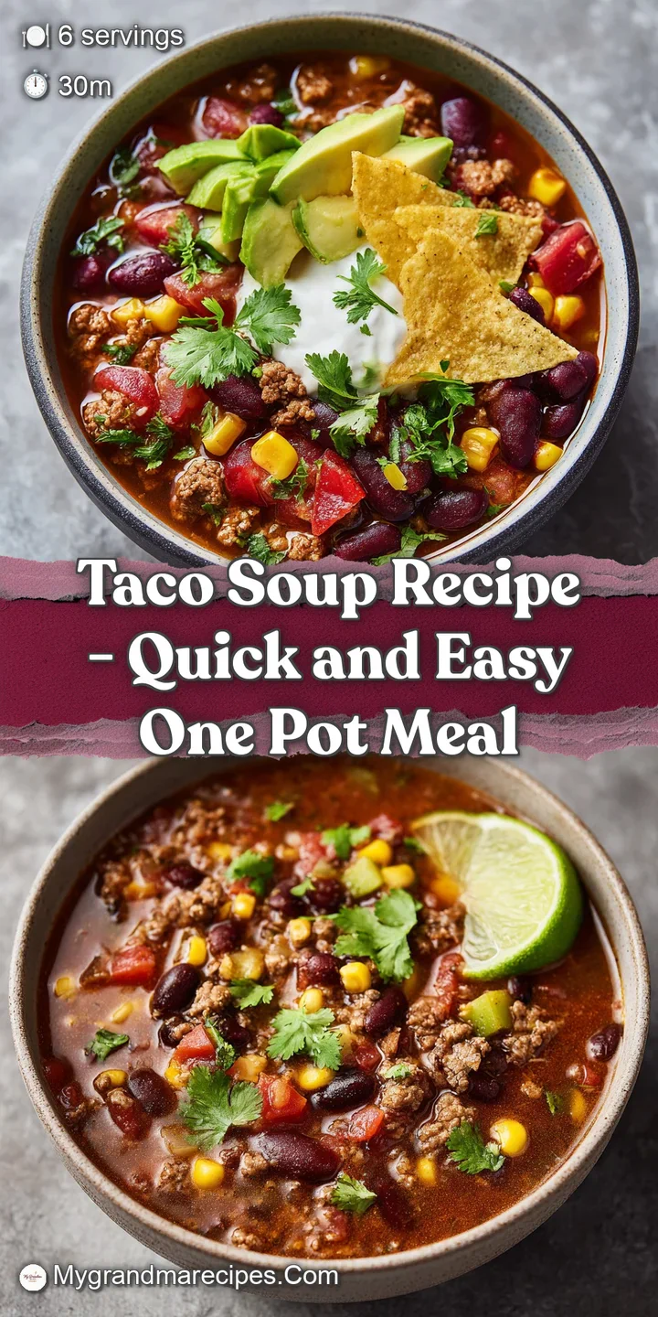 Close-up of steaming taco soup, showing tender ground beef, colorful beans, and corn kernels in a savory broth.