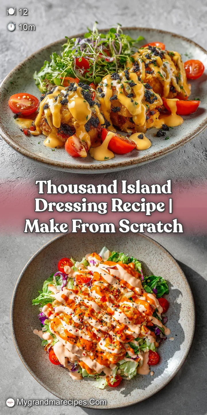 Close-up of thick, glossy Thousand Island dressing, highlighting its subtle pink hue and the visible ingredients like dice...